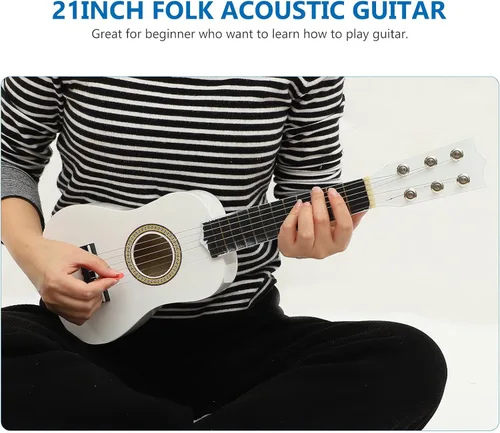 Miniatura 2 de Guitarra acústica para niños de 21 pulgadas, guitarra acústica para principiantes, niños, 6 cuerdas de madera (blanco) niños