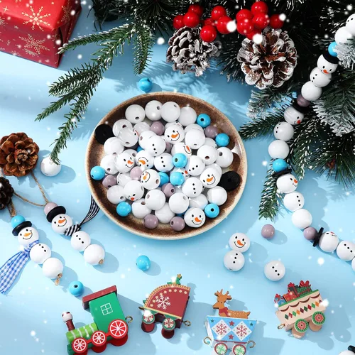 Miniatura 3 de 180 piezas de cuentas de madera de muñeco de nieve de Navidad con estampado de tartán de búfalo de Navidad, cuentas de madera redondas de invierno