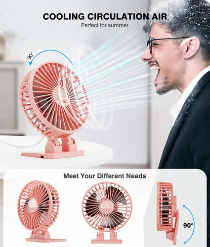 Miniatura 4 de JZCreater Ventilador de escritorio USB, ventilador mini portátil, 3 velocidades de enfriamiento de escritorio y mesa, enchufe de alimentación, Rosa