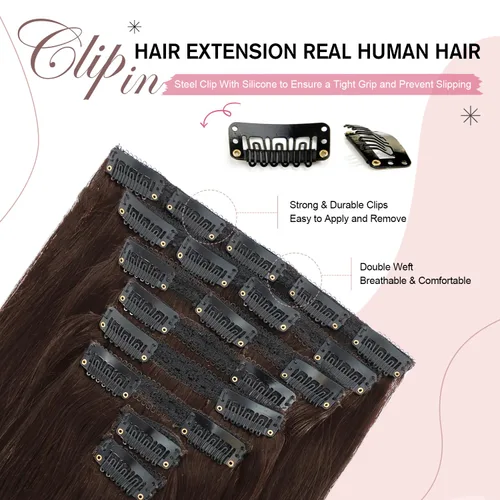 Miniatura 2 de Extensiones de cabello humano real con clip, color marrón oscuro #2, 14 pulgadas, 4.23 onzas, #2, extensiones de cabello humano virgen Remy 100% #2