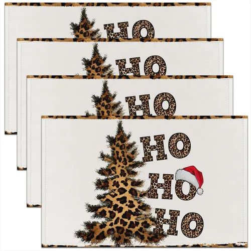 Juego de 4 manteles individuales con estampado de leopardo, sombrero de árbol de Navidad, color blanco y negro, manteles individuales para niños,