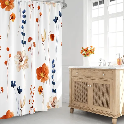 Miniatura 2 de Gibelle Cortina de ducha con estampado floral de acuarela, cortina de ducha retro naranja azul marino para baño, juego de cortina de ducha moderna