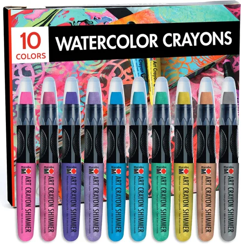 Marabu Art Crayons - Juego de 10 crayones metálicos de acuarela altamente pigmentados, suaves y fáciles de mezclar, para artistas de medios mixtos,