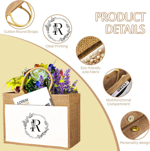Miniatura 5 de JUSTOTRY Bolsa de mano con inicial, yute natural, grande, 13 onzas, personalizada, bolsa de lona con monograma, regalo para mujer