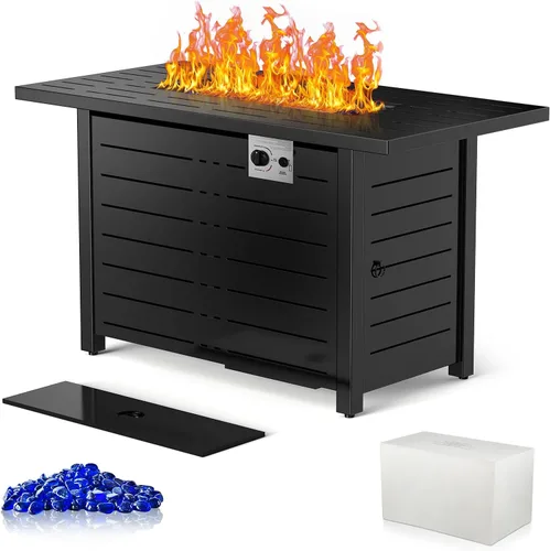 Xbeauty Mesa para fogata de gas propano de 43 pulgadas, mesa rectangular con tapa, cubierta para lluvia, para jardín exterior, patio trasero, terraza