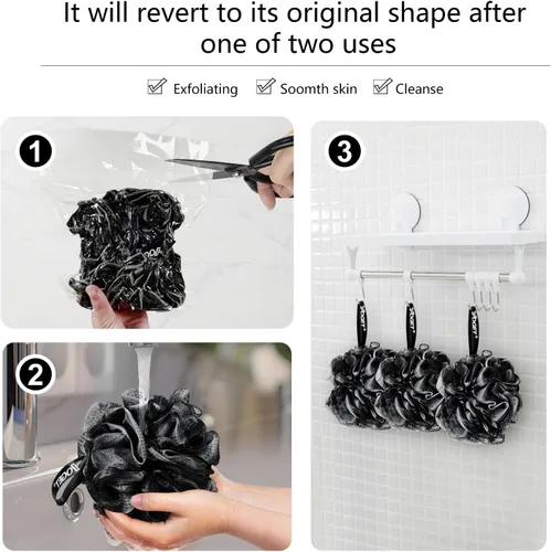 Miniatura 7 de Yoget Esponja de lufa de baño, paquete de 4 unidades, color negro, 2.16 onzas, bola de malla de ducha, suave puf para el cuerpo, exfoliar, limpiar