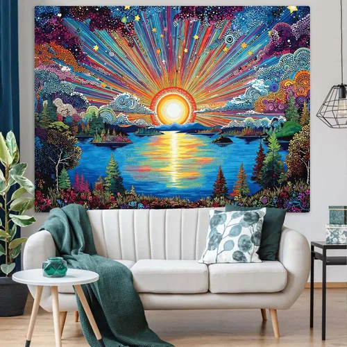 Miniatura 29 de Zussun Tapiz de hongo rojo, tapices de luna y estrella para dormitorio, estética de color beige, noche estrellada, planta verde, tapiz de pared