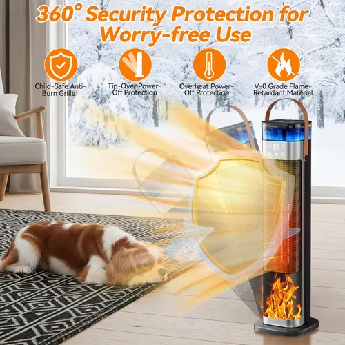 Miniatura 6 de Calentador de espacio en torre, calentadores eléctricos portátiles para uso en interiores con termostato, humidificación por pulverización, llama