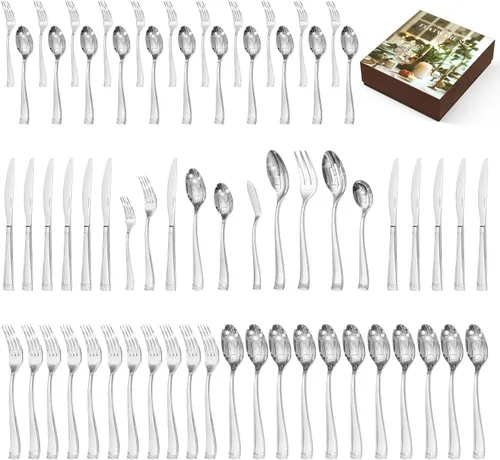 Miniatura 12 de Juego de cubiertos KINGSTONE, juego de 65 piezas para 12, juego de cubiertos de acero inoxidable 18/10 con borde perlado, utensilios para cocina