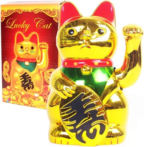 Ochine Lucky Cat Waving Arm Gold Cat Feng Shui Lucky Fortune Cats Luck Beckoning Waving Wealth Cat Maneki Neko Bienvenido Lindo Gato Hogar Display