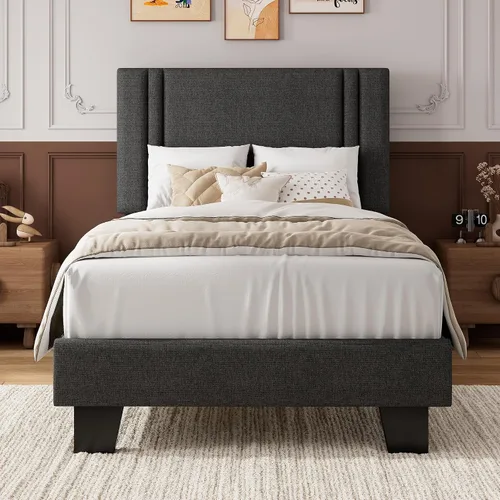 Miniatura 12 de iPormis Marco de cama de plataforma twin con cabecera tapizada de tela y patas engrosadas, base de colchón con soporte de listones de madera maciza
