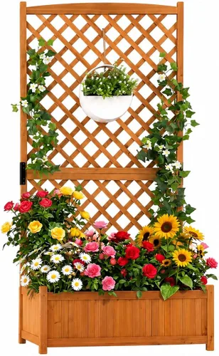 Miniatura 10 de Giantex Cama de jardín elevada con enrejado, contenedor de madera de 60 pulgadas con agujeros de drenaje, enrejado alto para colgar macetas