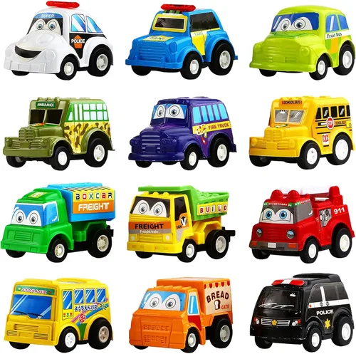Funcorn Toys Juego de 12 mini vehículos de plástico surtido, juguetes de camión y automóvil para niños pequeños, recuerdos de fiesta, juego de auto
