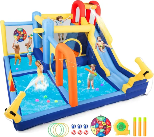 Miniatura 12 de JOYLDIAS Casa inflable de rebote para niños, parque acuático inflable de lujo resistente con toboganes dobles, pared de escalada, piscina y toldo