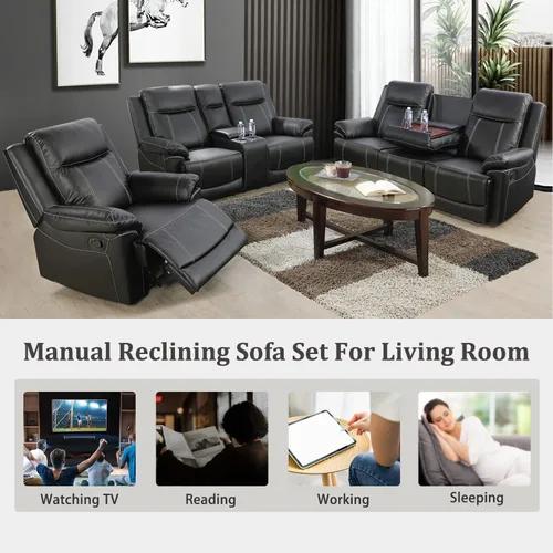 Miniatura 6 de Muebles de sala de estar, sofá reclinable de cuero, sofá reclinable manual con portavasos para casa/dormitorio/oficina/apartamento (negro/1 pieza)