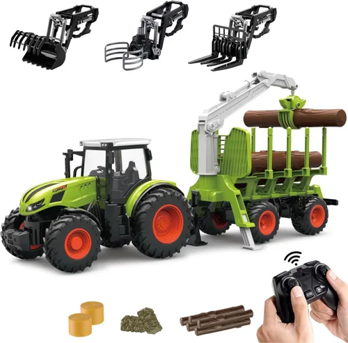 Juego de Tractor de Granja con Control Remoto 2.4Ghz Tractor RC Electrónico con Remolque y Camión Maderero, Juego de Juguetes de Granja con