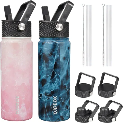 Miniatura 9 de BJPKPK Paquete de 2 botellas de agua aisladas con tapas con pajita, botella de agua de metal de acero inoxidable de 18oz con 6 tapas, jarras a