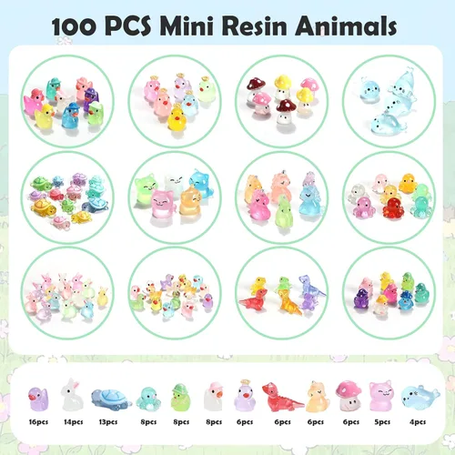 Miniatura 2 de 100 piezas de mini animales de resina, mini patos, unicornios, conejos, delfín, rana, dinosaurio, gato, animales luminosos que brillan