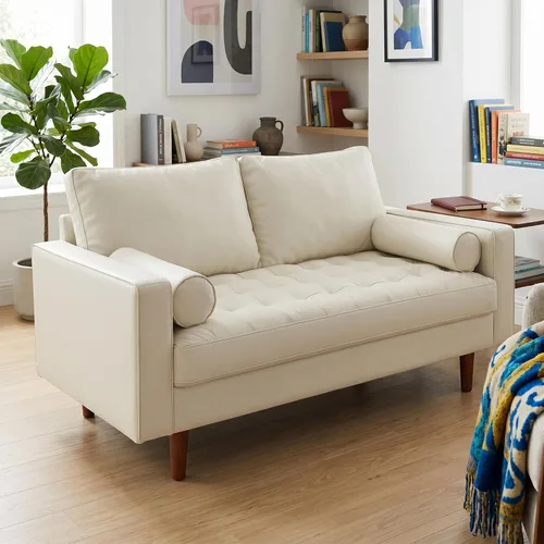 Miniatura 7 de Container Furniture Direct Womble Mid Century Modern Couch with Bolster Pillows, PU Leather Upholstered Tufted Seat, Versatile Retro Design for