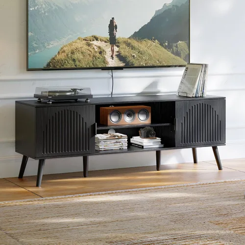 ChooChoo Soporte de TV para TV de 55/60 pulgadas, soporte de TV moderno de mediados de siglo, centro de entretenimiento con gabinete de