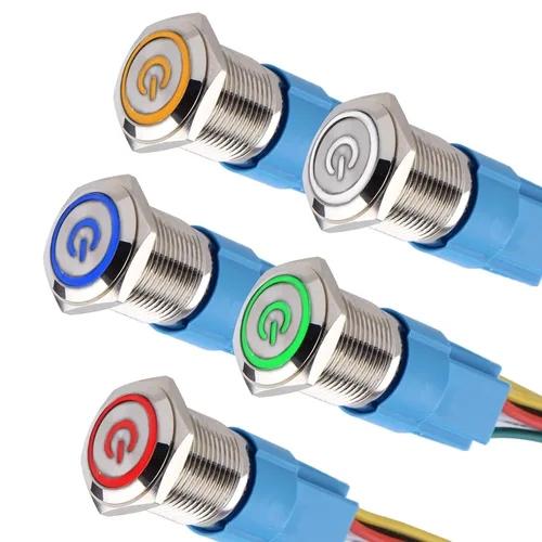 Miniatura 12 de 5 piezas de interruptor de botón de presión de cierre de metal de 16 mm impermeable, carcasa plateada, 12V-24V, 1NO 1NC, encendido/apagado