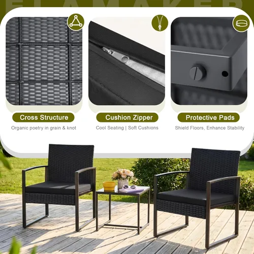Miniatura 6 de Flamaker Juego de muebles de mimbre para patio al aire libre, 3 piezas, modernos juegos de conversación de sillas de ratán con mesa auxiliar