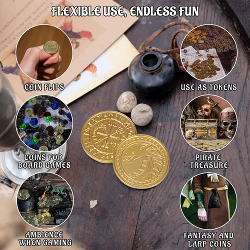Miniatura 3 de CZYY - Monedas de metal de fantasía, 50 fichas de dragón de oro antiguo con bolsa Heavy Metal Feel, Dragon Front and Compass Back, Use for DND