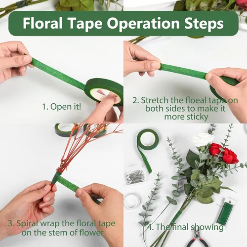 Miniatura 3 de NESCCI Cinta de flores, cinta floral para ramos, 12 rollos de cinta de flores verde oscuro de 1/2 pulgada de ancho, utilizada para envolver tallos