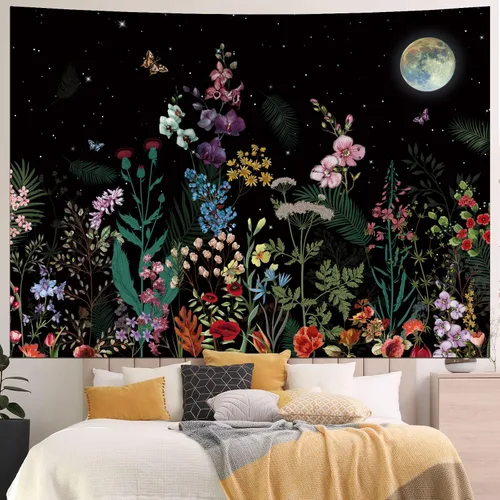 Generleo Tapiz de plantas florales, tapices vintage, bohemio, flores, mariposas, cielo estrellado, paisaje, naturaleza, paisaje, tapiz para colgar