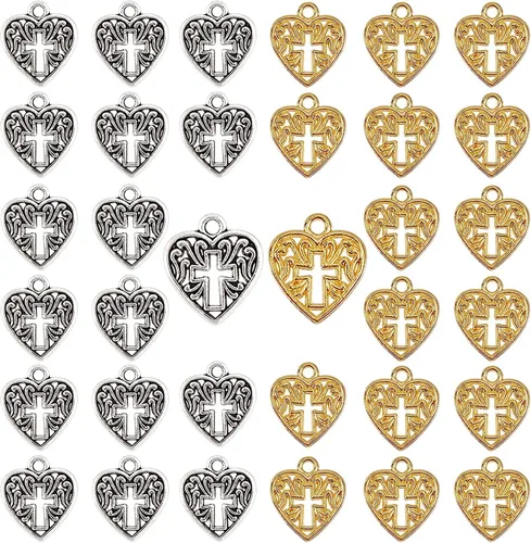 PH PandaHall 80 dijes de cruz de corazón de 2 colores para San Valentín huecos de corazón de amor, dijes de cruz de oro y plata para Pascua, boda,
