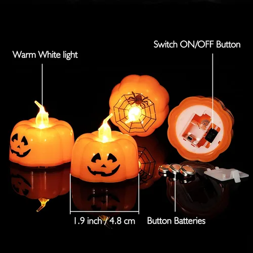 Miniatura 6 de Litake Luces LED de calabaza de Halloween, paquete de 12 luces de té parpadeantes de Jack-O'-Lantern, velas de calabaza que funcionan