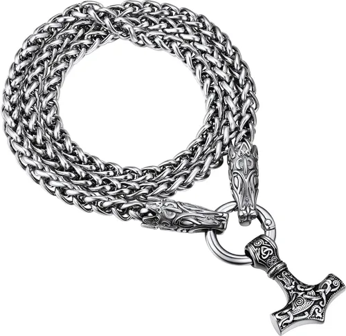 PROSTEEL Joyería vikingo nórdica para hombres y mujeres, collar vintage de martillo de Thor, hacha de Thor, cuervoOdin, cadena colgante de acero