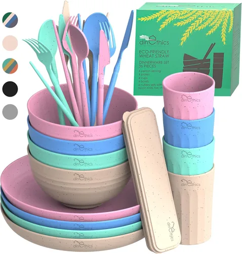 Miniatura 9 de Juego de vajilla de paja de trigo para 4 – Juego de platos de campamento, tazas y cuencos, platos aptos para lavavajillas y microondas, alternativo