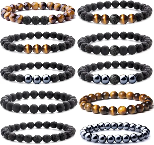 WAINIS 10 pulseras de cuentas de roca de lava para hombres y mujeres hematita de ojo de tigre ónix negro cuentas mate difusor de aceites esenciales