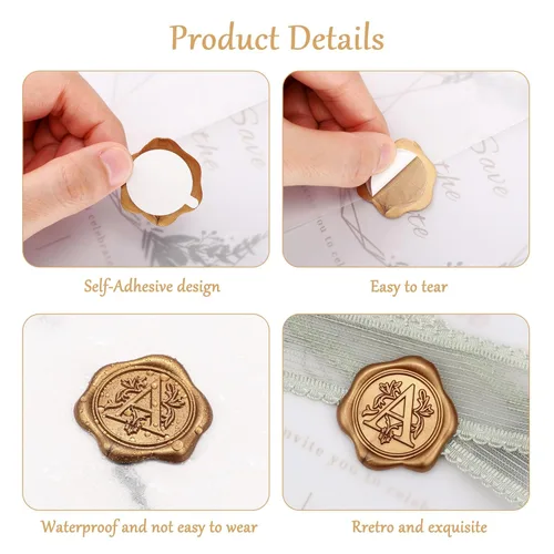 Miniatura 4 de Yoption 50 piezas de pegatinas de sello de cera inicial G, pegatinas de sello autoadhesivas de letra dorada retro antigua para sobres, para bodas