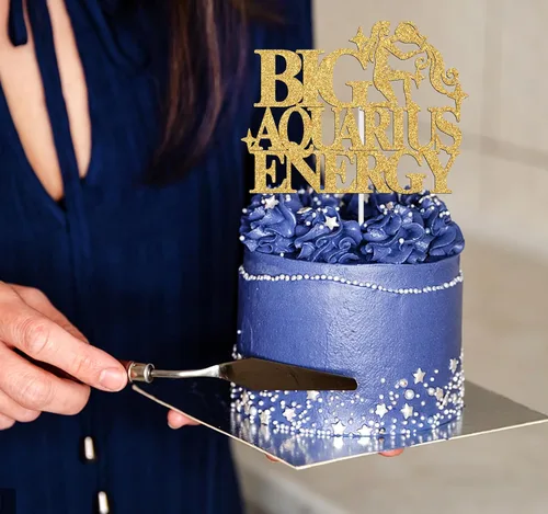 Miniatura 5 de Decoración de pastel de energía de acuario grande con purpurina dorada, feliz cumpleaños acuario en enero/febrero, temporada de acuario, 12