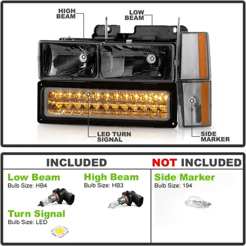 Miniatura 2 de ACANII - Para 1988-1993 GMC Sierra Chevy Silverado C/K C10 faros ahumados+luces LED de señal de parachoques 4 piezas izquierda + derecha
