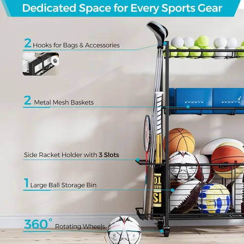 Miniatura 6 de Organizador grande de equipo deportivo de garaje con ruedas, estante de almacenamiento de pelotas de 3 niveles para baloncesto, pelotas de fútbol