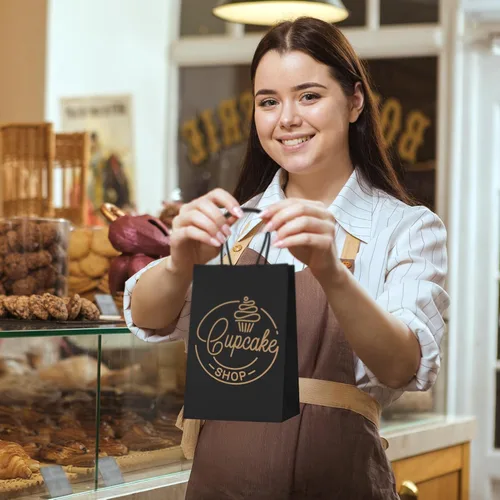 Miniatura 7 de MESHA Bolsas de regalo negras de 5.25 x 3.75 x 8 pulgadas, pequeñas bolsas de papel kraft con asas a granel, paquete de 100 para pequeñas empresas