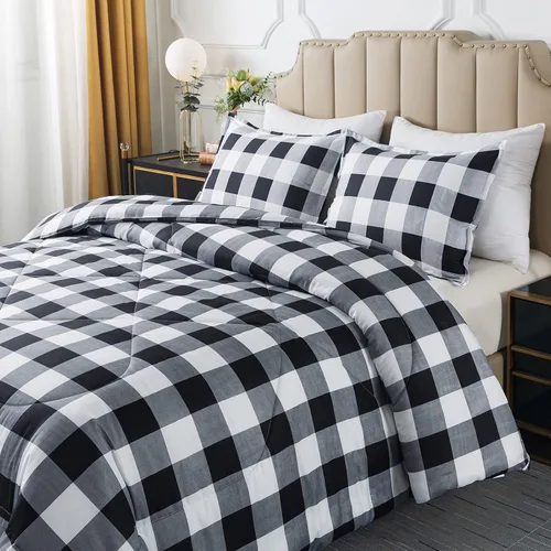 Miniatura 4 de Caressma Juego de edredón a cuadros tamaño individual, juego de ropa de cama de edredón a cuadros negros y blancos para todas las estaciones