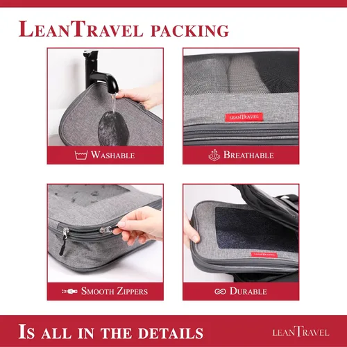 Miniatura 9 de LeanTravel Juego de 6 cubos de compresión para viajes, color gris, doble cremallera