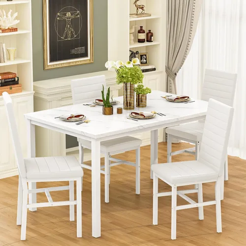 Miniatura 7 de Juego de mesa de comedor Hooseng para 4, juego de mesa de cena de 5 piezas con mármol sintético y 4 sillas tapizadas de cuero PU, juego de mesa