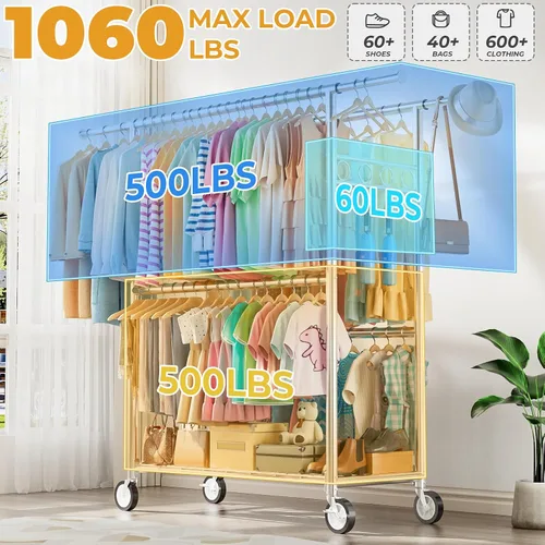 Miniatura 2 de Perchero resistente con carga de 1060 libras, cuatro barras de ropa rodantes para colgar ropa, estante de ropa rodante con ruedas resistentes, Plata