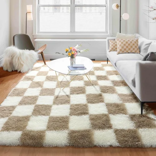 Miniatura 54 de KICMOR - Tapete a cuadros afelpado, peludo, mullido, color beige y blanco crema, pequeño, de 2 x 3 pies, para dormitorio, sala, junto a la cama
