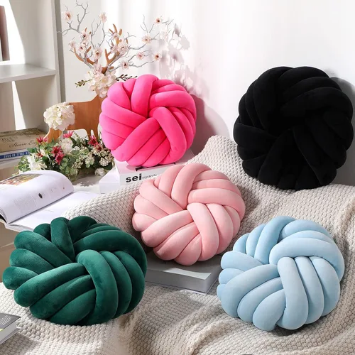 Miniatura 4 de Fumete 2 Piezas Almohadas de Nudo Redondas de 14 Pulgadas, Almohada de Bola de Nudo de Felpa Suave Decorativa Hecha a Mano, Cojín Decorativo Moderno