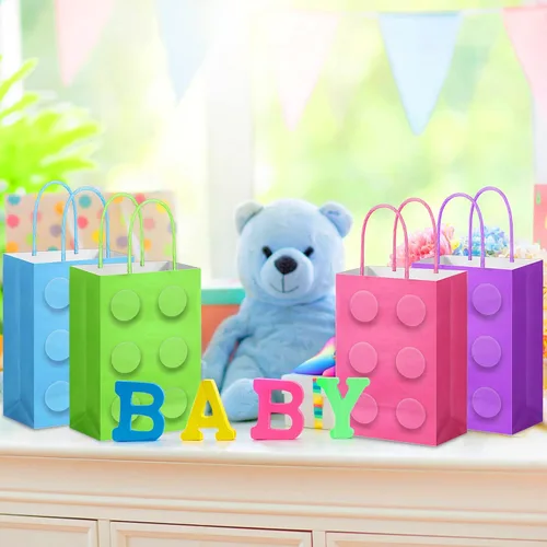 Miniatura 5 de PerKoop 24 bolsas de bloques de construcción, bolsas de papel para dulces de ladrillos, bolsas de regalo de fiesta con asa para niñas, bloques