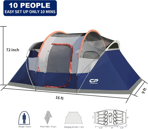 Miniatura 2 de CAMPROS CP Camping Tent 10/12 Person Family Cabin Tent, 2 Room Water Resistant Waterproof Tent with Top Rainfly, 4 Large Mesh Windows, Double Layer