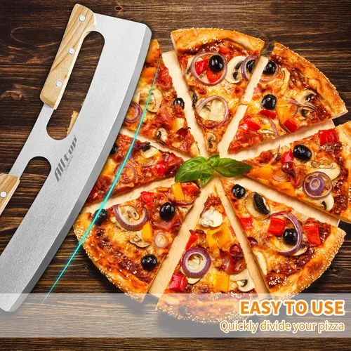 Miniatura 3 de ALLTOP Cortador de Pizza Basculante, Cuchillo de Hoja de Acero Inoxidable con Doble Mango de Madera y Cubierta de Plástico, Rebanadora/Picadora