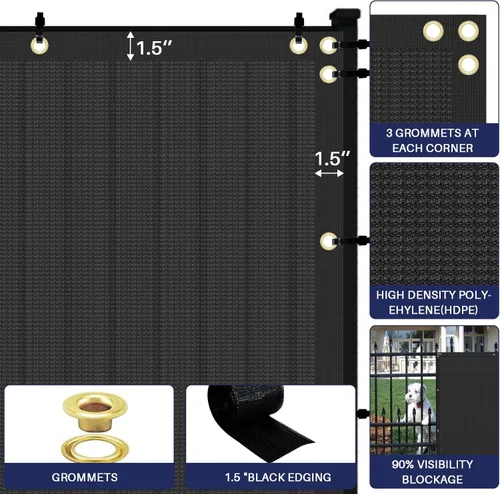 Miniatura 4 de Windscreen4less - Valla de privacidad de 6 x 25 pies en negro con encuadernaciones y ojales, 85% de bloqueo para cerca de eslabones, malla de tela