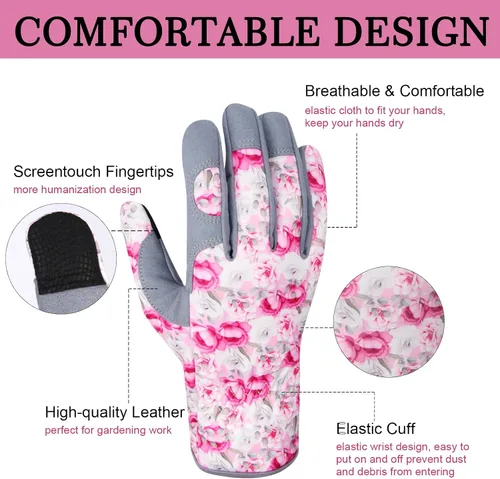 Miniatura 2 de Guantes de jardinería de cuero para mujer, guantes de jardín a prueba de espinas, guantes de trabajo para pantalla táctil, regalos
